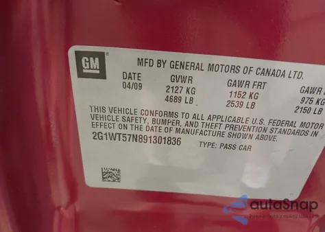 2009 Chevrolet Impala 3.5L Lt из США, поврежденный, VIN 2G1WT57N891301836